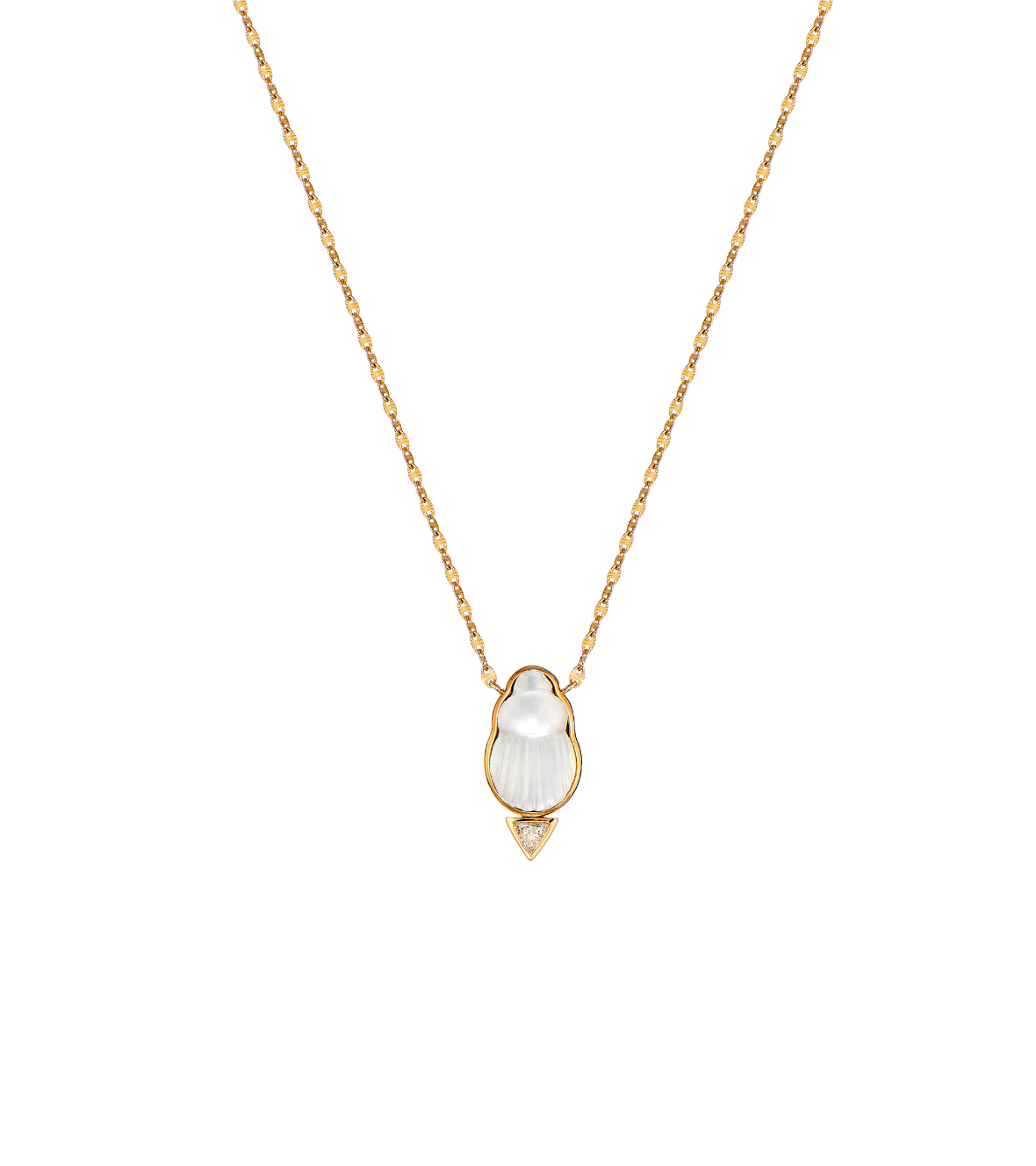 14K Yellow Gold "Chiara" Necklace With A Small Mother Of Pearl Scarab And A White Fancy Cut Diamond